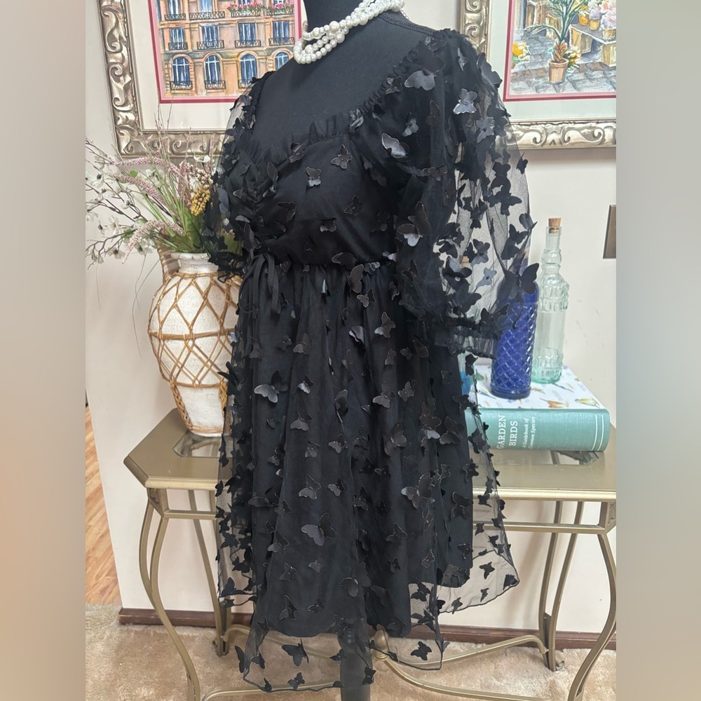 THIRTY THIRTY LA BLACK SHEER BUTTERFLY PUFF SLEEVE BABYDOLL MINI DRESS SIZE MED - Picture 7 of 9